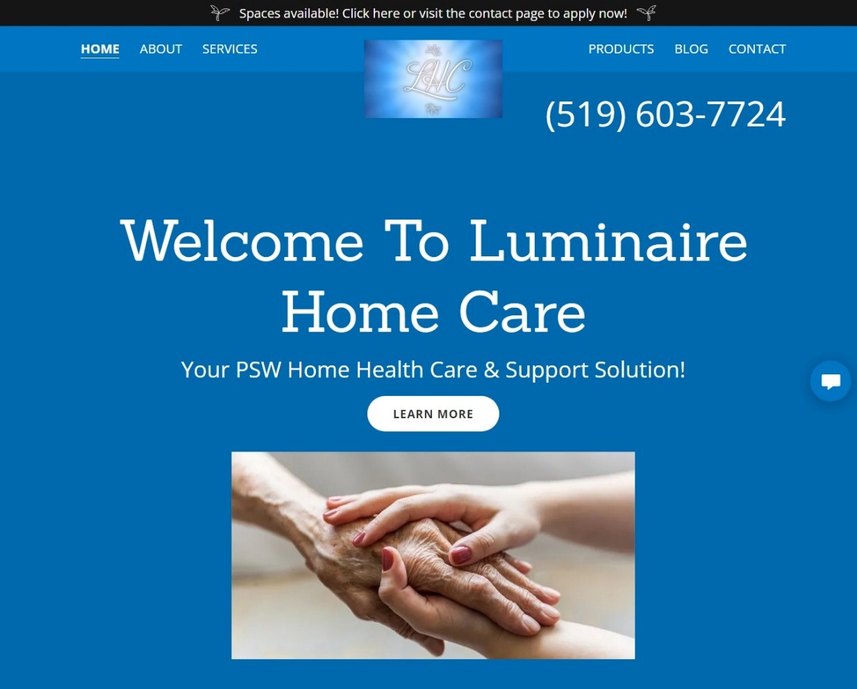 Homepage screenshot of Luminaire Home Care website